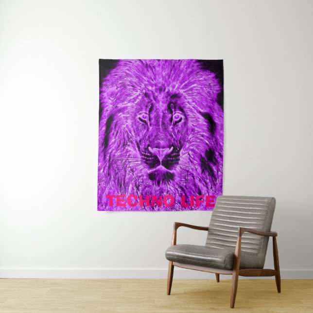 Lila Lion Blacklight Techno Life Wandteppich (Beispiel)