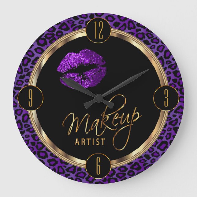 Lila Lippen mit Leopard drucken Große Wanduhr (Vorderseite)