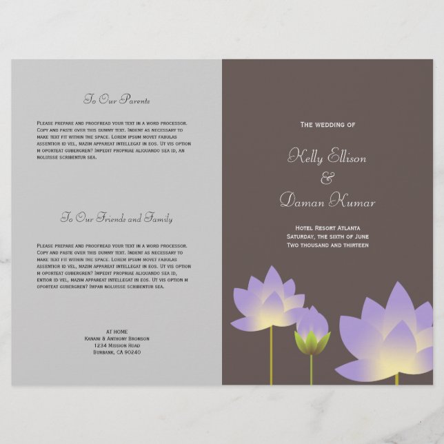 Lila Lotus Blume Modernes Hochzeitsprogramm (Vorderseite)
