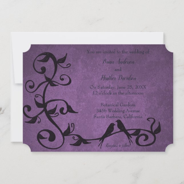 Lila Lovebirds Hochzeitseinladung Einladung (Vorderseite)