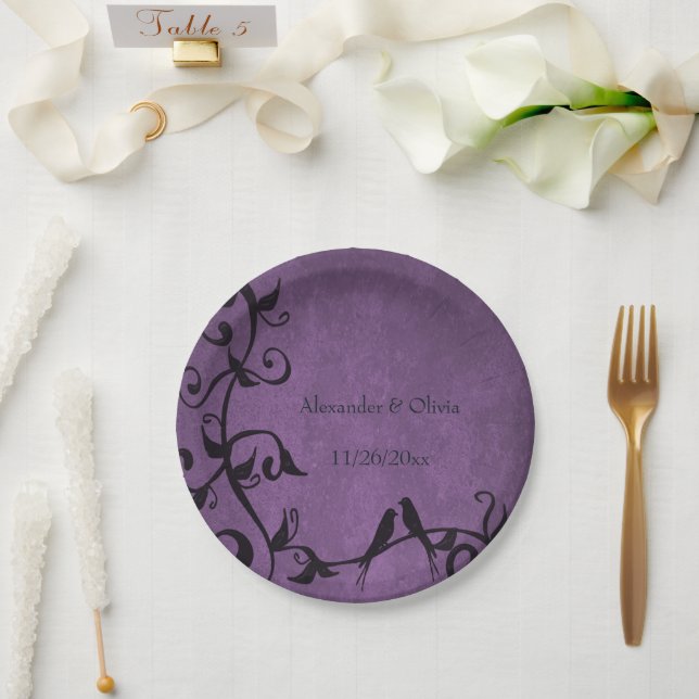 Lila Lovebirds Hochzeitsscheibe Pappteller (Hochzeit)