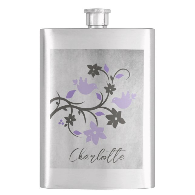 Lila Lovebirds Personalisiert Flasche Flachmann (Vorderseite)