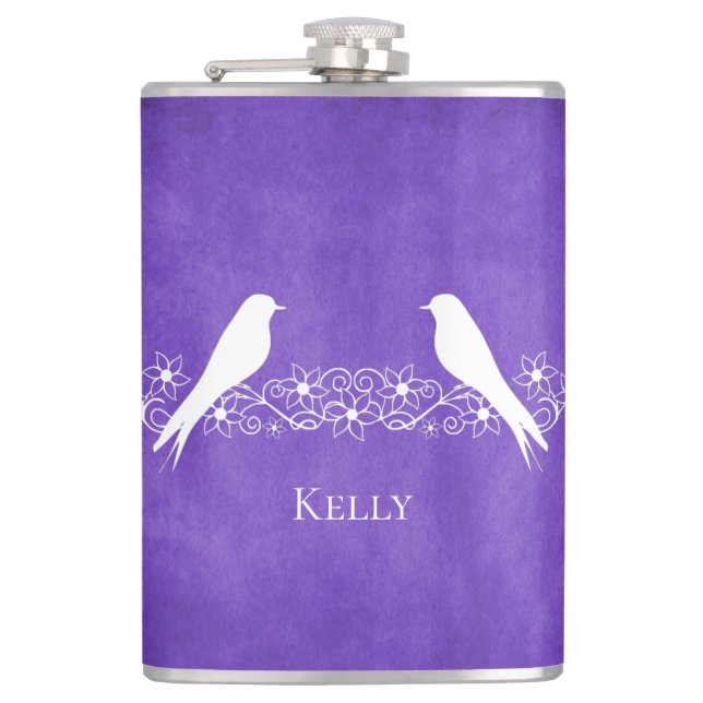 Lila Lovebirts Blumenrinde Personalisierte Flasche Flachmann (Vorderseite)