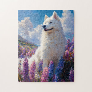 Lila Lupine-Blume von Samoyed Dog