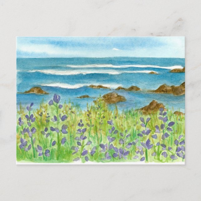 Lila Lupinen Wasserfarbene Wildblumen Ozeanwellen Postkarte (Vorderseite)