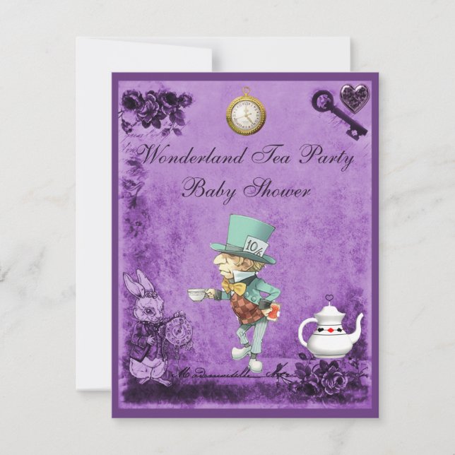 Lila Mad Hatter Wonderland Tea Party Babydusche Einladung (Vorderseite)