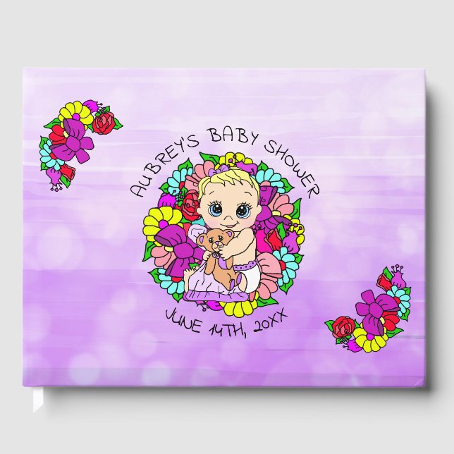 Lila Mädchendusche Kaukasische Baby Whimsical Gästebuch (Vorderseite)