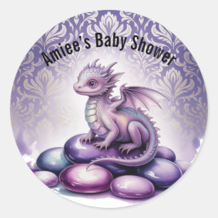 Lila magische Drachen-Baby-Party Runder Aufkleber