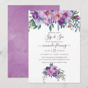Lila Magnolien und Rosen Aquarell-Sip-and-See-Einl Einladung