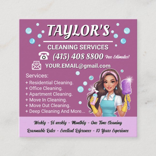 Lila Maid Business Card Quadratische Visitenkarte (Vorderseite)