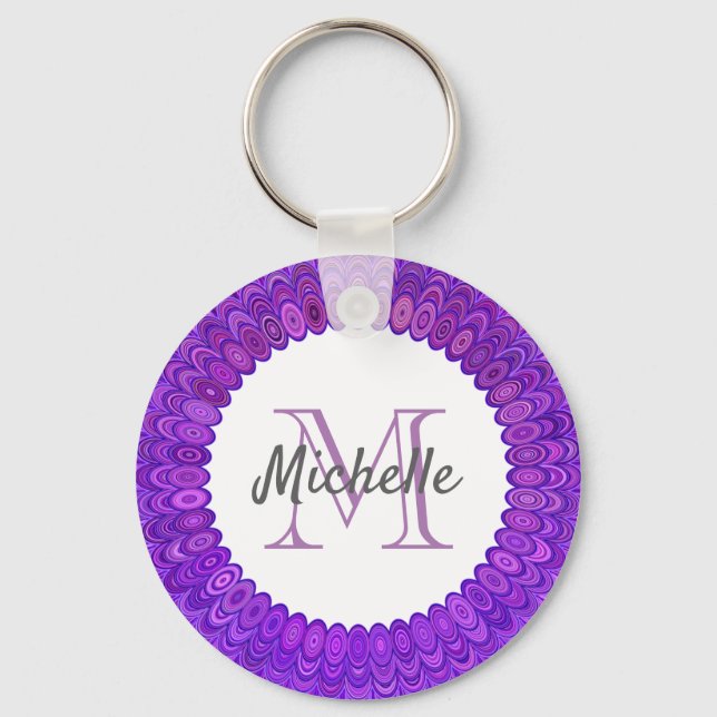 Lila Mandala Bird Feathers Monogram Schlüsselanhänger (Vorderseite)