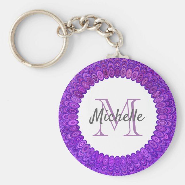 Lila Mandala Bird Feathers Monogram Schlüsselanhänger (Vorne)
