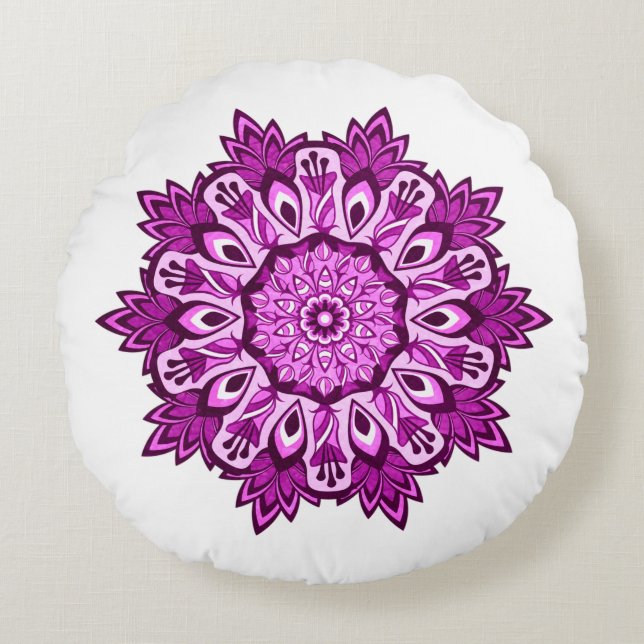 Lila Mandala Reversible Boho Rundes Kissen (Vorderseite)