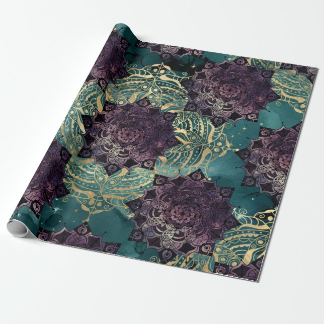 Lila Mandalas und Schmetterlinge auf dem Aquamarin Geschenkpapier (Ungerollt)