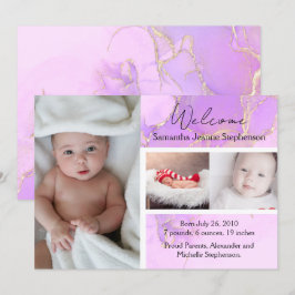 Lila Marble 3 Foto Girl Baby Geburtsankündigung Einladung