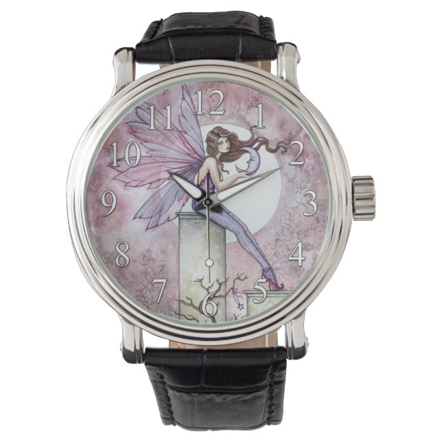 Lila Märchen mit Little Moon Fantasy Art Armbanduhr (Vorderseite)