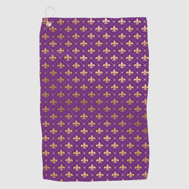Lila Mardi Gras Elegant Golden Lilie Golfhandtuch (Vorderseite)