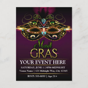 Lila MARDI GRAS Werbe-Party-Postkarte Einladungspostkarte
