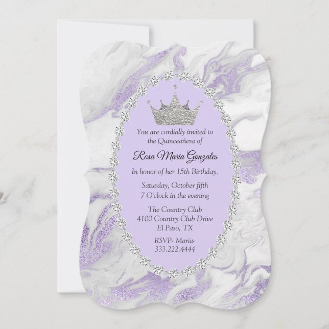 Lila Marmor und Diamanten Kronplatz Quinceañera Einladung (Vorderseite)