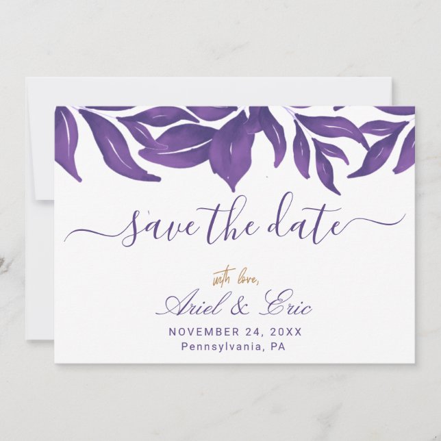 Lila Marmor und Eukalyptus - Elegante Hochzeit Save The Date (Vorderseite)