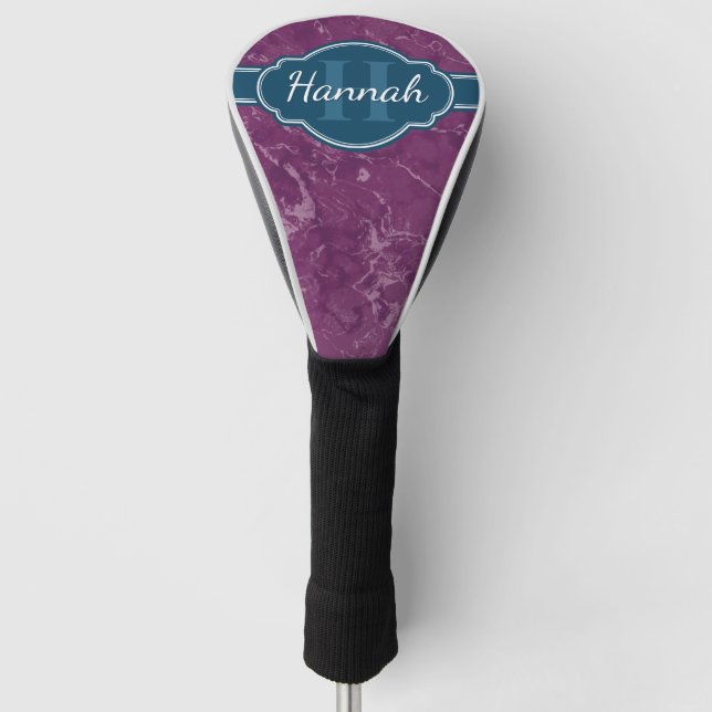 Lila Marmormuster Aquamarines Monogramm Golf Headcover (Vorderseite)