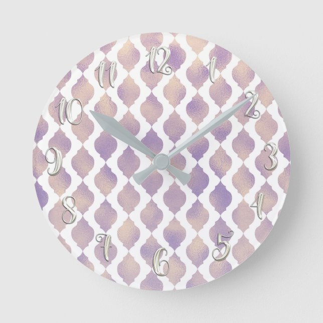Lila marokkanisches Chic Hübsch Glam Muster Runde Wanduhr (Vorderseite)