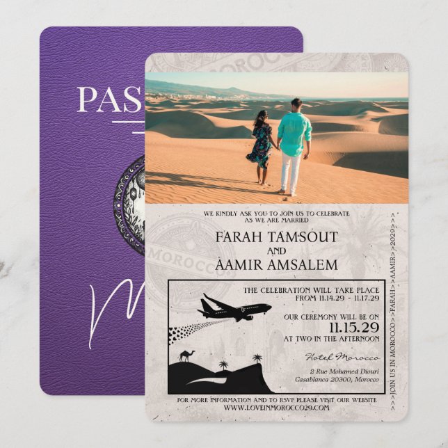 Lila Marokko Passport Hochzeit Einladung (Vorne/Hinten)