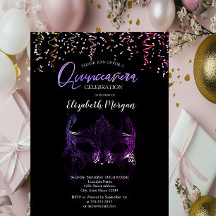 Lila Maske, Konfetti-Maskenball Quinceañera  Einladung