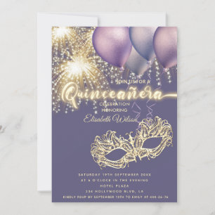 Lila Maskenschaukeln Feuerwerk Quinceañera Einladung