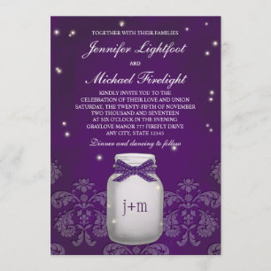 Lila Mason Jar mit Fireflies Hochzeit Einladung