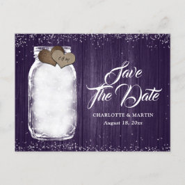 Lila Mason Jar Rustic Wood Wedding retten das Datu Ankündigungspostkarte