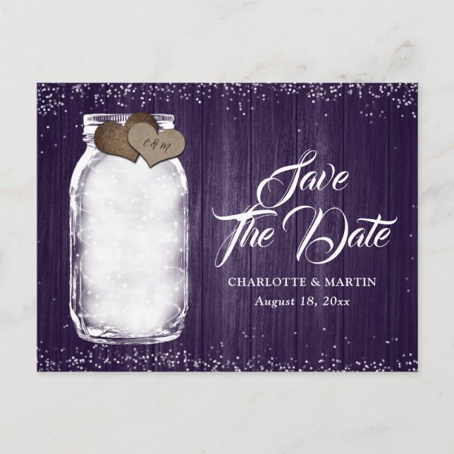 Lila Mason Jar Rustic Wood Wedding retten das Datu Ankündigungspostkarte (Vorderseite)