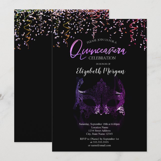 Lila Masque, Confetti Masquerade Quinceañera Einladung (Vorne/Hinten)