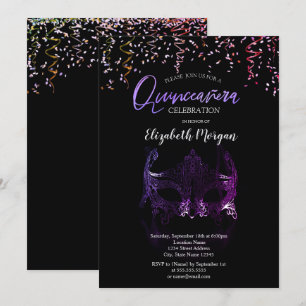 Lila Masque, Confetti Masquerade Quinceañera Einladung