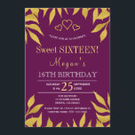 Lila Maulbeergold-Herbstlaube 16 . Geburtstag Einladung<br><div class="desc">Trendy Herbst drei doodle Herzen Imitats Goldener Herbst lässt elegante stilvolle 16 . Geburtstag / 16. Geburtstagsfeier Einladung auf dunkle lila Maulbeere. Füllen Sie Ihre Informationen in den Flecken, Sie können wählen, um es anzupassen, weitere Änderung der Hintergrundfarbe, Schriftart und Farben der Schrift. — Die Einladung ist geeignet für Gartengarten...</div>