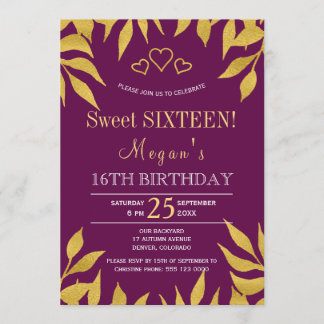 Lila Maulbeergold-Herbstlaube 16 . Geburtstag Einladung