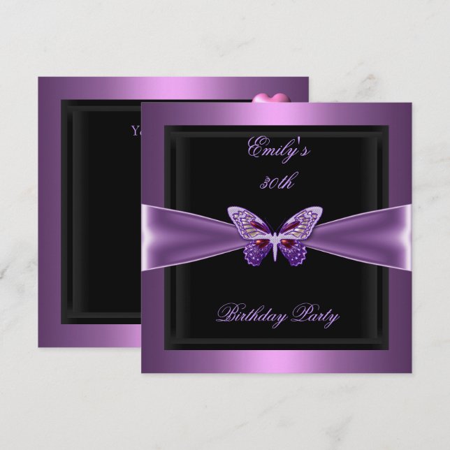 Lila Mauve Black Butterfly 30. Geburtstag Party Einladung (Vorne/Hinten)