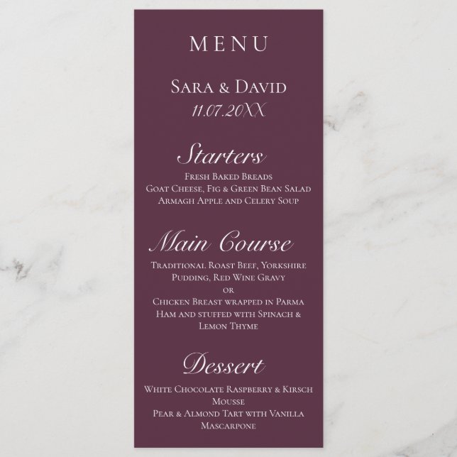 Lila Mauve Modern Dark Wedding Menu Card Menükarte (Vorderseite)