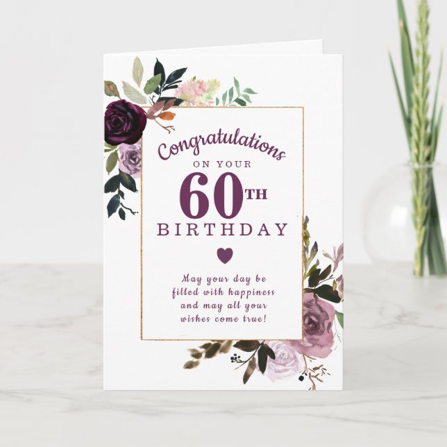 Lila Mauve Pink Floral 60. Geburtstag Karte (Vorderseite)