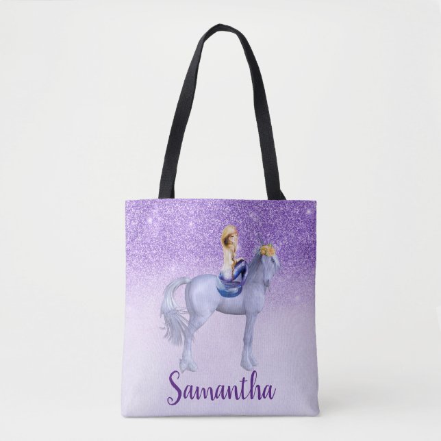 Lila Meerjungfrau auf Unicorn Personalisiert Tasche (Vorderseite)