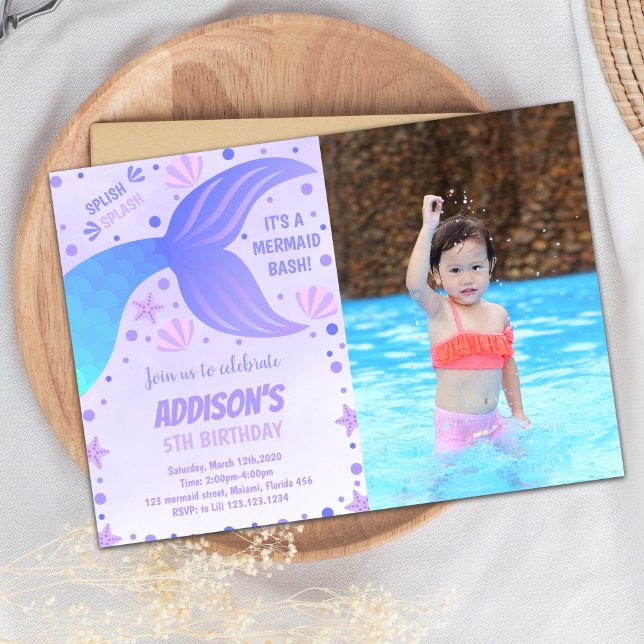 Lila Meerjungfrau Einladung mit Foto (Mermaid Purple Birthday Invitations with photo)