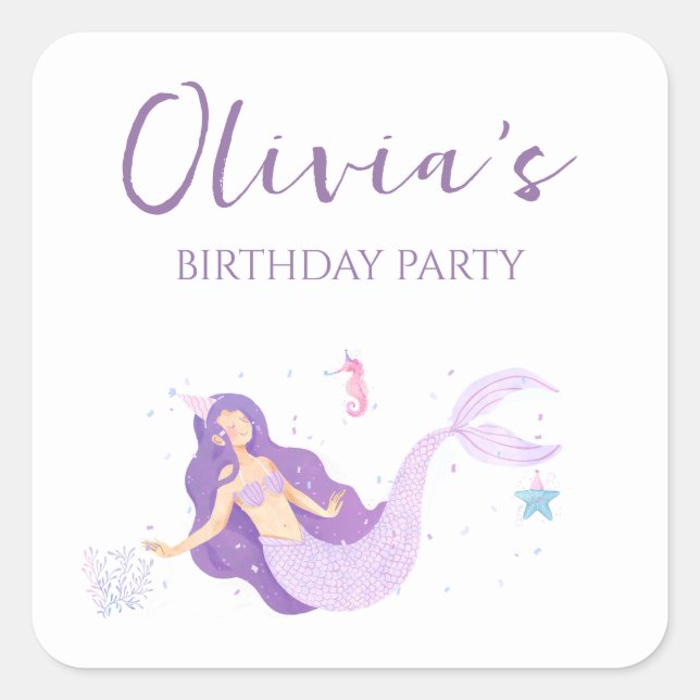 Lila Meerjungfrau Personalisiert Geburtstag Quadratischer Aufkleber (Vorderseite)