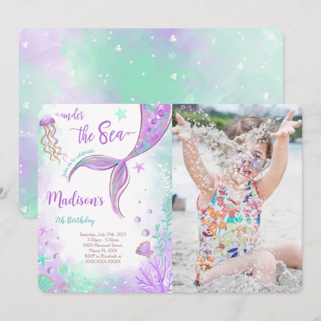 Lila Mermaid Birthday Foto Einladung (Vorne/Hinten)