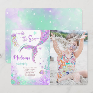 Lila Mermaid Birthday Foto Einladung