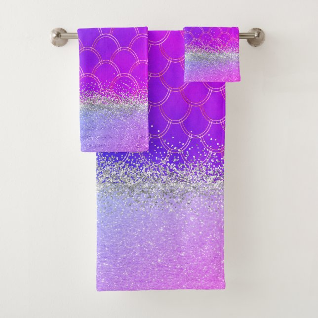 Lila Mermaid Glittery Bling Badhandtuch Set (Insitu)