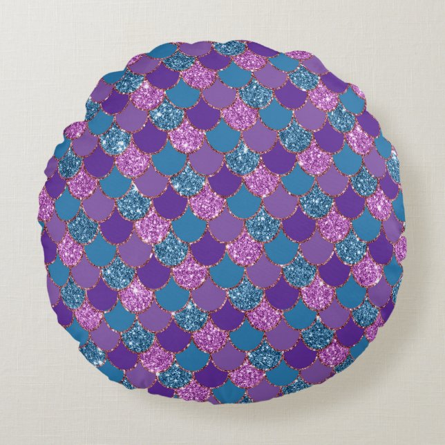 Lila  Mermaid-Glitzer Rundes Kissen (Vorderseite)