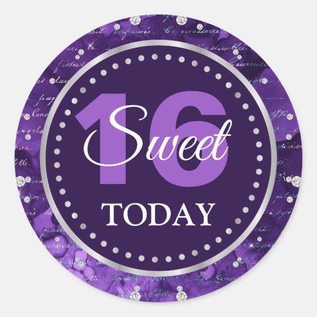 Lila Mermaid Letters Pattern & Glitzer Sweet 16 Runder Aufkleber (Vorderseite)