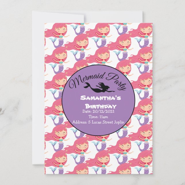 Lila Mermaid-Party Rosa Einladung (Vorderseite)
