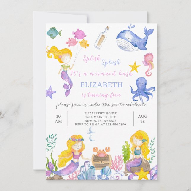 Lila Mermaid Princess Birthday Einladung (Vorderseite)