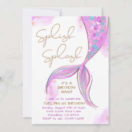 Lila Mermaid Splish Splash Girl Geburtstag Einladung